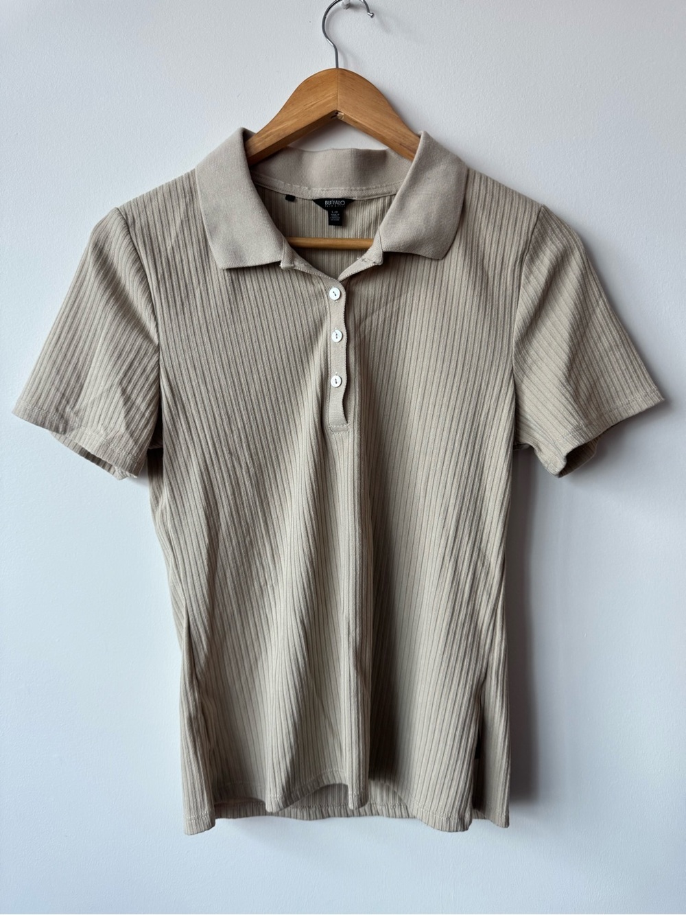 Buffalo David Bitton Ribbed Polo Shirt Women Large Beige Short Sleeve